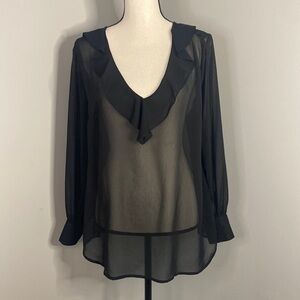 JustFab Black Sheer Ruffle V-Neck Plunging Long Sleeve Blouse